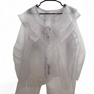 Oversized Sheer Gray Blouse with Ruffled Collar